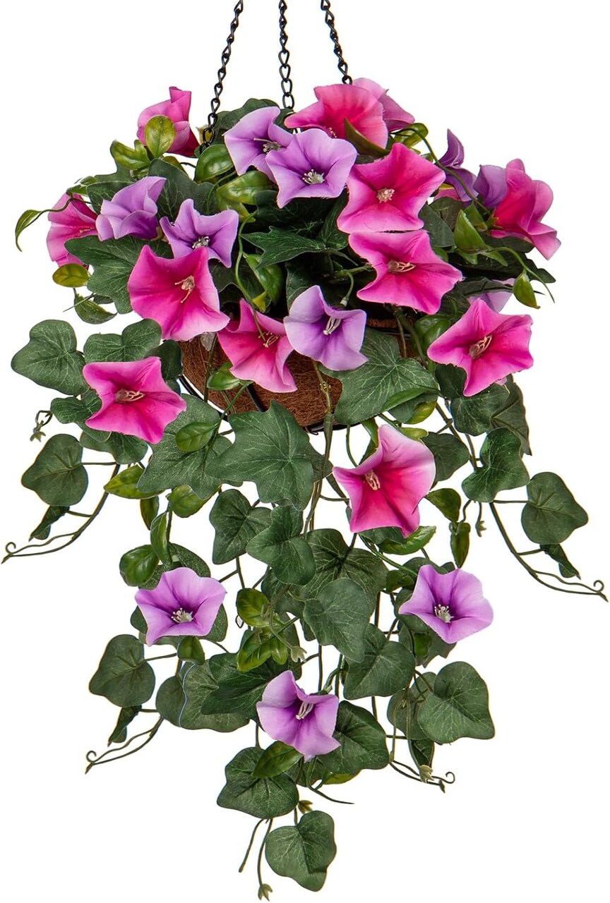 Fake Hanging Flowers with Basket, Artificial Morning Glory Hanging Plants Faux Spring Flowers(Pink Purple)